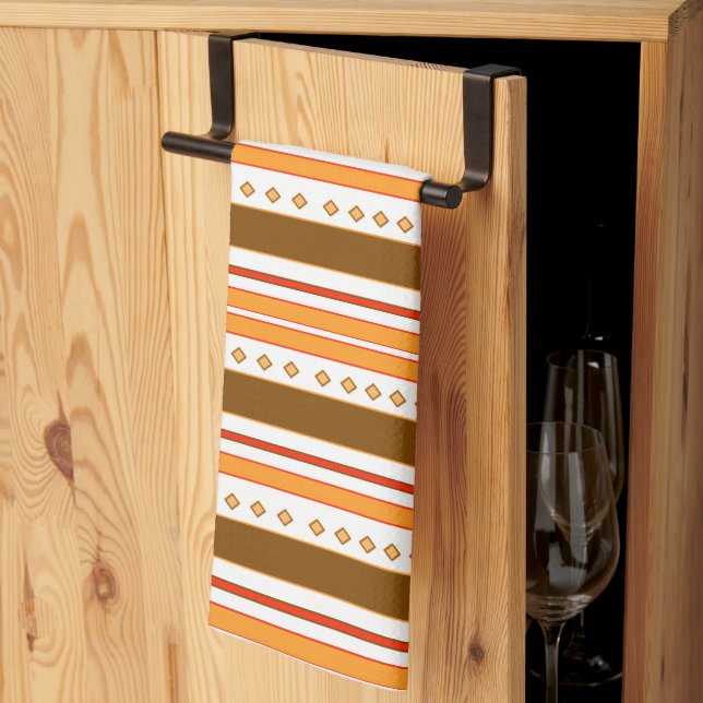 Kitchen Tea towel Ethnic Orange and Brown Pattern  (Thirds Fold)