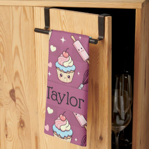 Kitchen Tea Towel Kawaii Pink Purple Cupcake