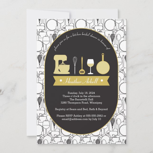 Kitchen theme Bridal Shower Invitations black gold (Front)