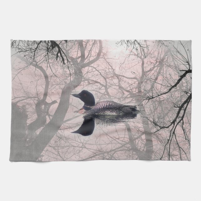Kitchen towel Black and white loon on a lake pink (Horizontal)