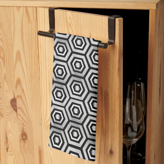 Kitchen Towel Black White Hexagon Geometric (Thirds Fold)