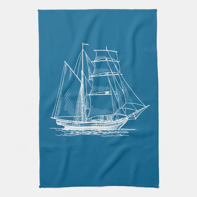 Kitchen towel  Blue sail boat ship nautical (Vertical)