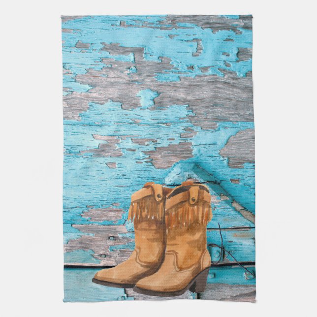 Kitchen Towel Blue Wood Barn Door Boots Country Ru (Vertical)