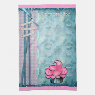 Kitchen Towel Cute Pink Cupcake Personalised