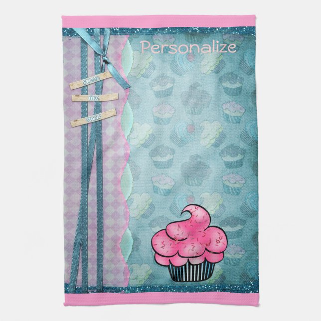 Kitchen Towel Cute Pink Cupcake Personalised (Vertical)