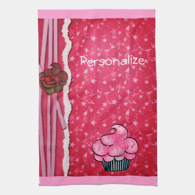 Kitchen Towel Cute Pink Cupcake Personalised (Vertical)