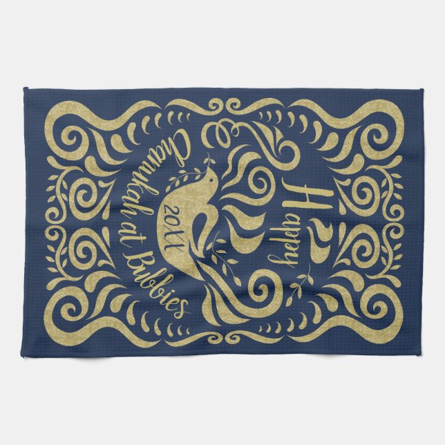 Kitchen Towel "Happy Chanukah Blackboard Dove" (Horizontal)