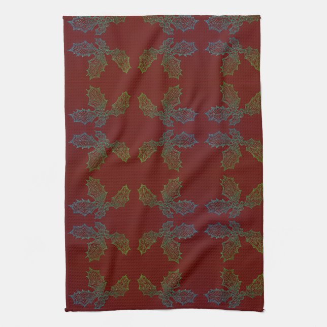 Kitchen Towel Holly Allover Print red background (Vertical)