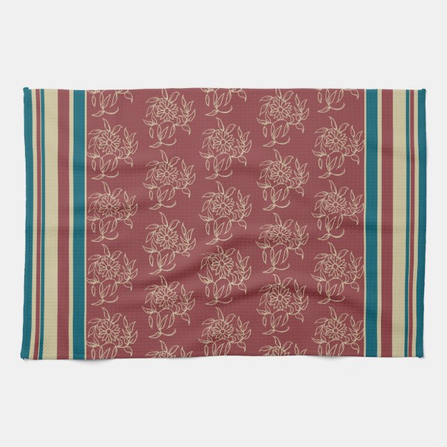 Kitchen Towel or Tea Towel, Maroon, Blue Floral (Horizontal)