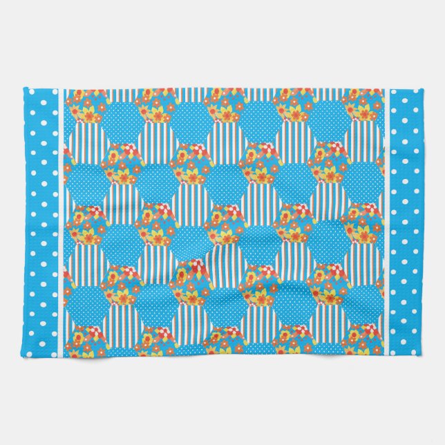 Kitchen Towel or Tea Towel, Orange, Blue Patchwork (Horizontal)