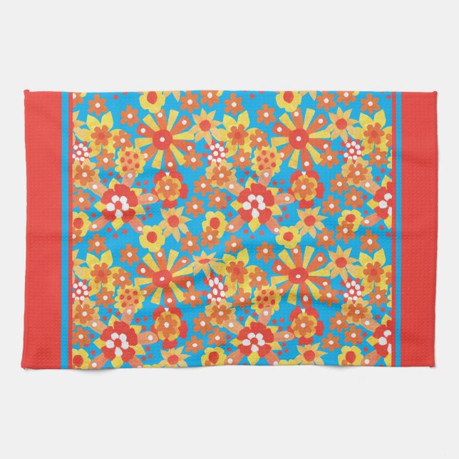 Kitchen Towel or Tea Towel, Orange Ditsy Floral (Horizontal)