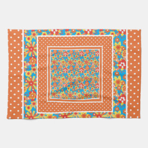 Kitchen Towel, Orange Floral, Polka Dots Patterns Tea Towel