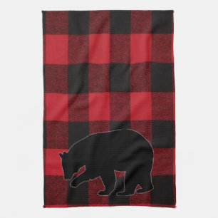 Kitchen Towel Red Buffalo Plaid Bear Black