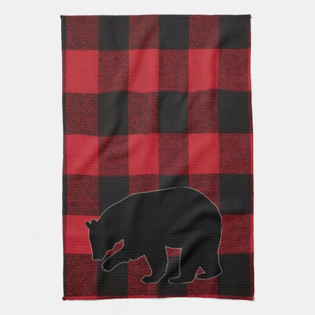 Kitchen Towel Red Buffalo Plaid Bear Black (Vertical)