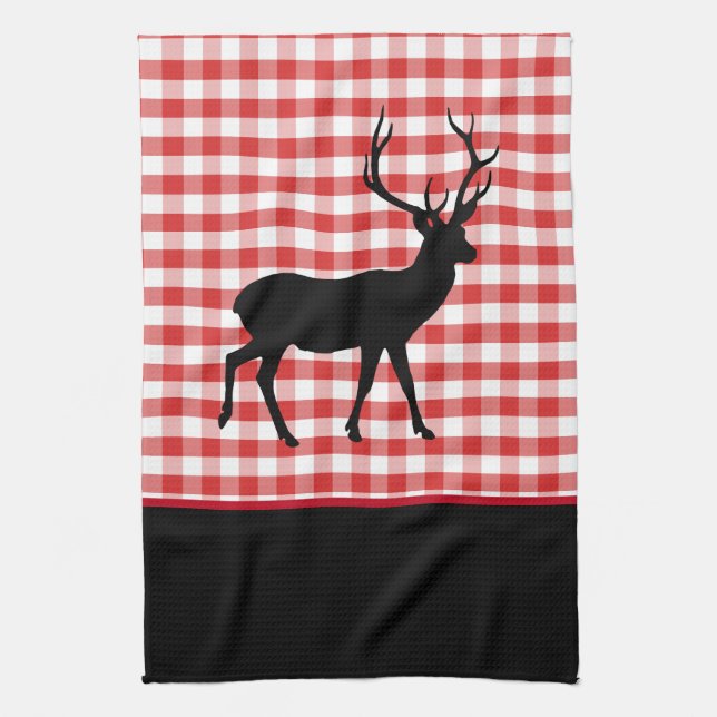 Kitchen Towel-Red Plaid-Deer Tea Towel (Vertical)