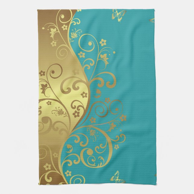 Kitchen Towel--Teal & Gold Swirls Tea Towel (Vertical)
