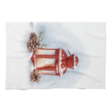 Kitchen Towels red lantern with a glowing candle