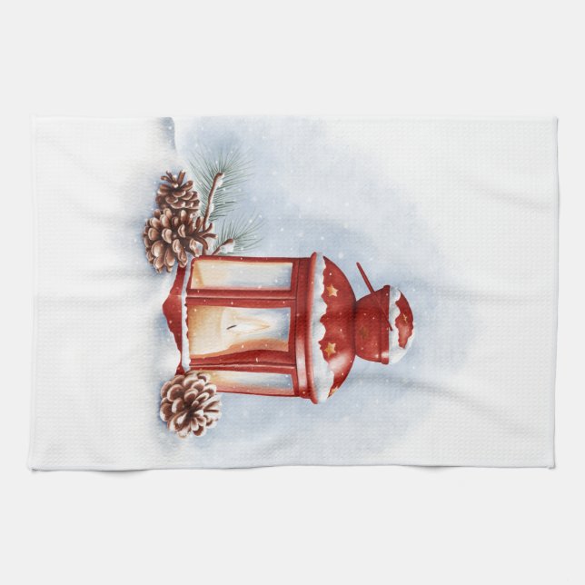 Kitchen Towels red lantern with a glowing candle (Horizontal)