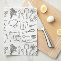 Kitchen Utensils Black and White Doodle Pattern
