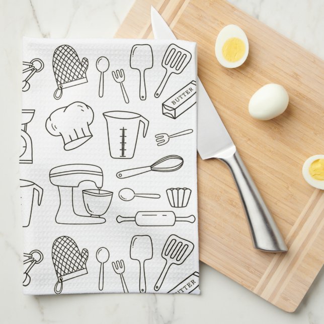Kitchen Utensils Black and White Doodle Pattern Tea Towel (Quarter Fold)