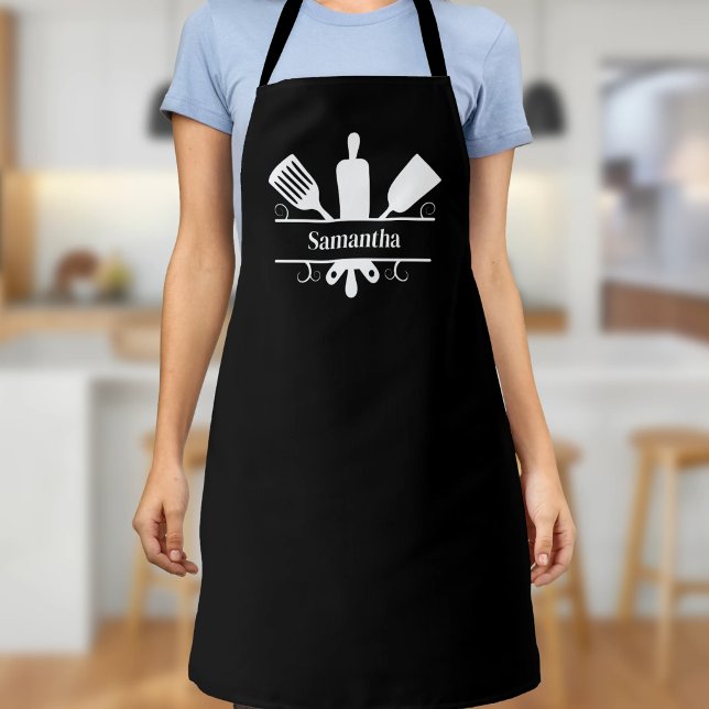 Kitchen Utensils Monogram Black Apron (Kitchen Utensils Monogram Black Apron)