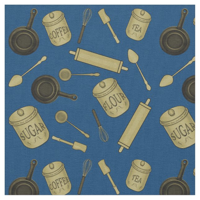 Kitchen Utensils Pattern - Sepia on Dark Blue Fabric (Close Up)