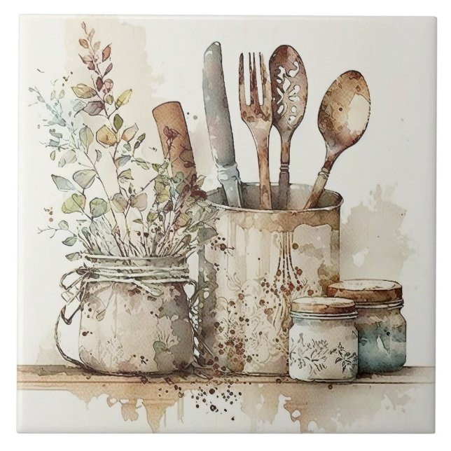 Kitchen Utensils Rustic Watercolors Ceramic Tile (Front)
