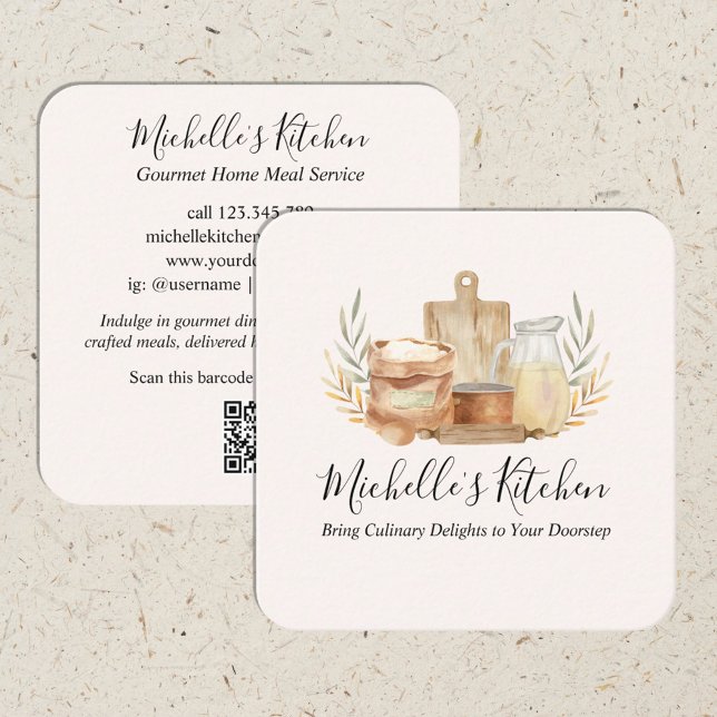 Kitchen Utensils Watercolor Home Meal Service Square Business Card (Front and Back side)