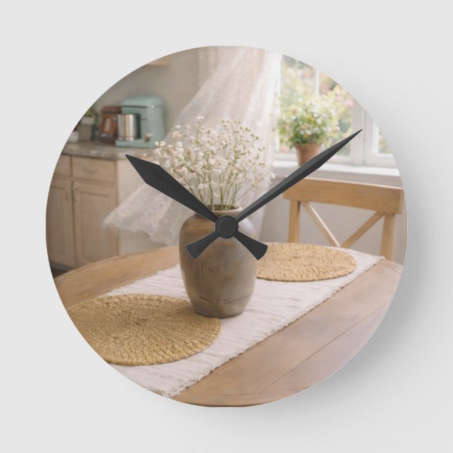 Kitchen Wall Clock Neutral Farmhouse Baby's Breath (Front)