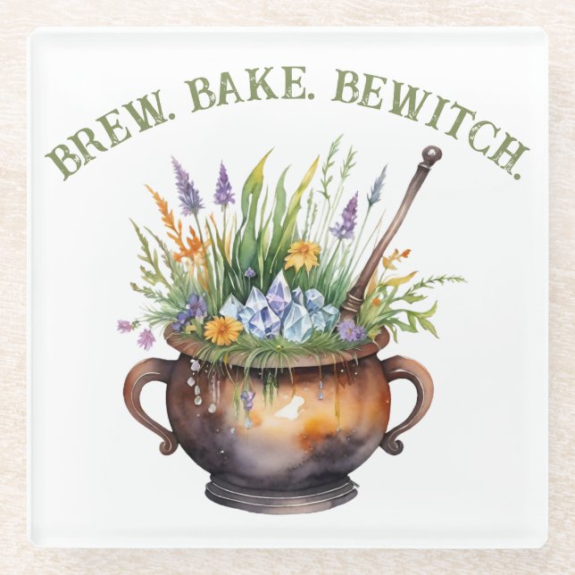 Kitchen Witch Brew Bake Bewitch Cauldron Glass Coaster (Front)