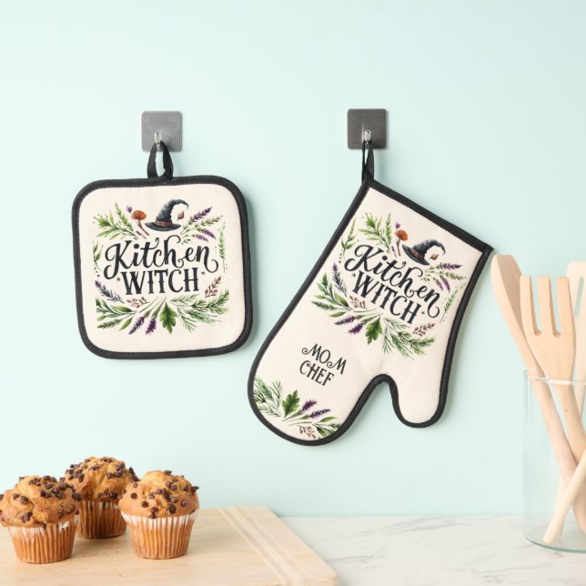 Kitchen Witch Retirement Mum Grandma Wife Custom  Oven Mitt & Pot Holder Set (Insitu(Hanging))