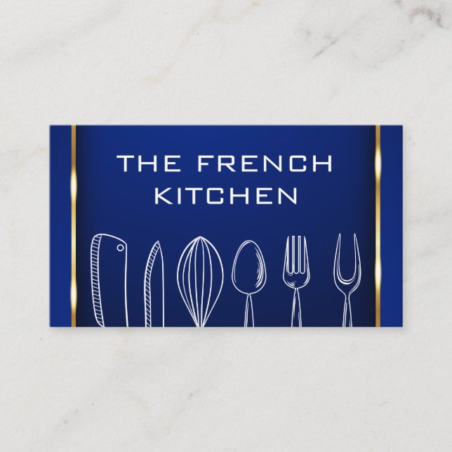 Kitchenware | Gold Blue Background Business Card (Front)