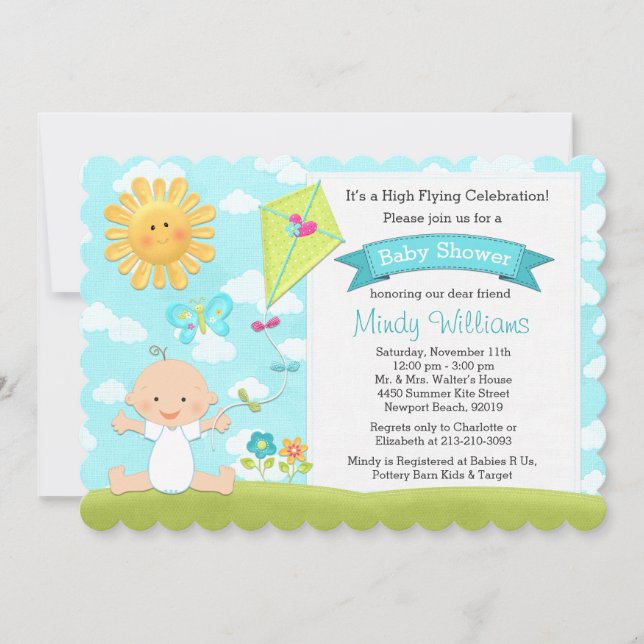 Kite Baby Shower Invitation Blue Boy (Front)