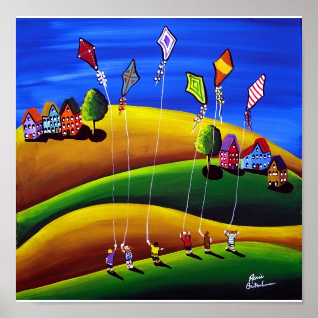 Kite Fliers Folk Art Whimsical Canvas Print (Front)