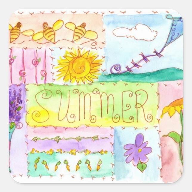 Kite Flowers Bees Watercolor Summer Square Sticker (Front)