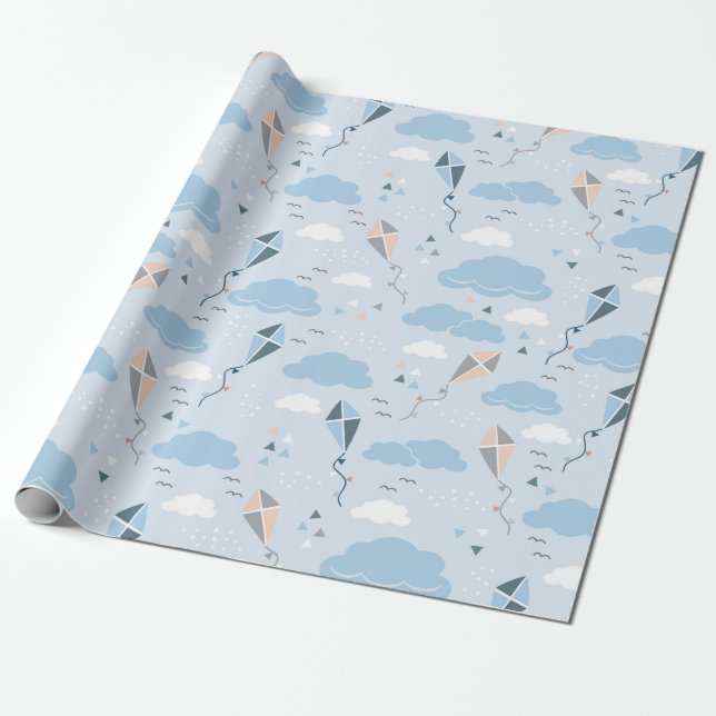 Kite Wrapping Paper - Playful Kites and Clouds (Unrolled)