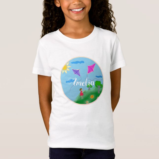 Kites and Girl Drawing Kid`s Name T-Shirt (Front)