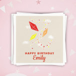 Kites Beige Kids Happy Birthday Party Napkin<br><div class="desc">Kites in Sky Beige Beige Happy Birthday Party Napkins. Cute design with three kites in red,  yellow and orange colours. The kites are flying in the sky between clouds. Add your name and make sweet personalised birthday napkins for a girl or a boy.</div>