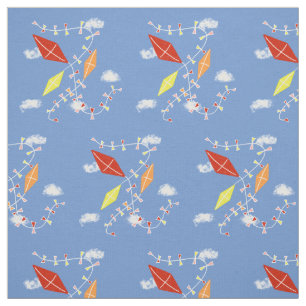 Kites in Blue Sky Clouds Pattern Kids Fabric