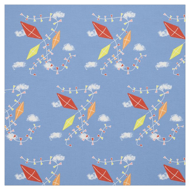 Kites in Blue Sky Clouds Pattern Kids Fabric (Swatch)