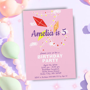 Kites in Pink Sky Drawing Kids Girl Birthday Invitation