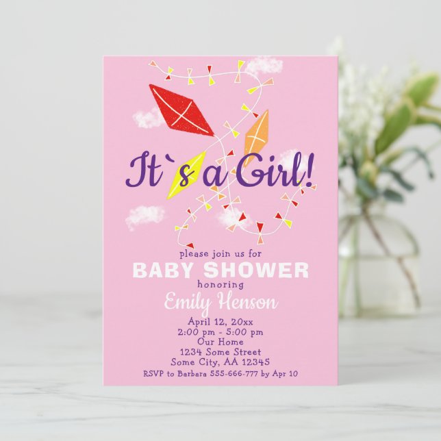 Kites in Pink Sky It`s a Girl Baby Shower Invitation (Standing Front)