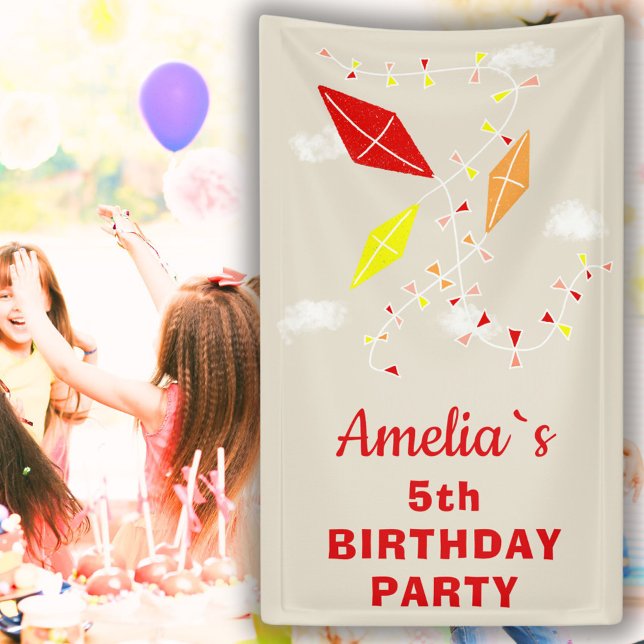 Kites in Sky Beige Red Kids Birthday Party Banner (Creator Uploaded)