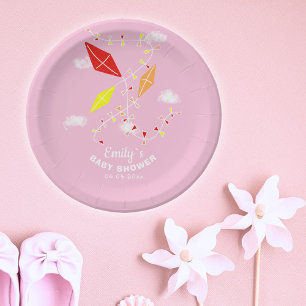 Kites in Sky Pink Girl Baby Shower Party Paper Plate