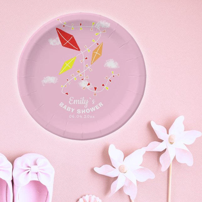 Kites in Sky Pink Girl Baby Shower Party Paper Plate (Creator Uploaded)