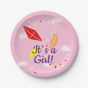 Kites in Sky Pink It`s a Girl Baby Shower Party Paper Plate