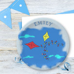 Kites in the Blue Sky Name Paper Plate<br><div class="desc">This is a digital drawing of kites,  red and yellow,  flying in the blue sky between the blue clouds. Perfect for a kids birthday party. You can change the name and its font,  size and the colour.</div>