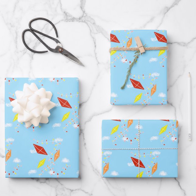Kites in the Sky Blue Pattern Kids Wrapping Paper Sheet (Front)