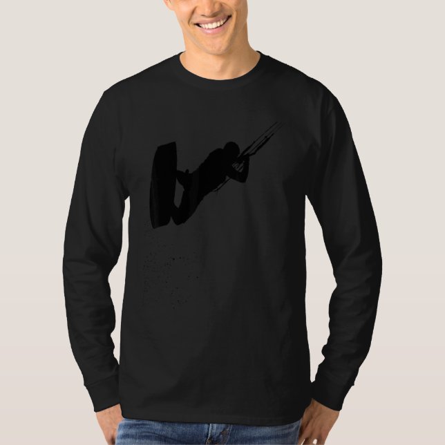 Kitesurfing Action Kite And Surf Silhouette Black T-Shirt (Front)