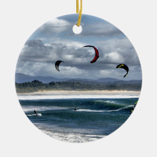 Kitesurfing on beach ceramic tree decoration (Front)